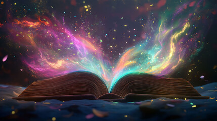 An open book with a glowing, colorful, magical aura emanating from its pages, signifying knowledge, wisdom, and imagination.