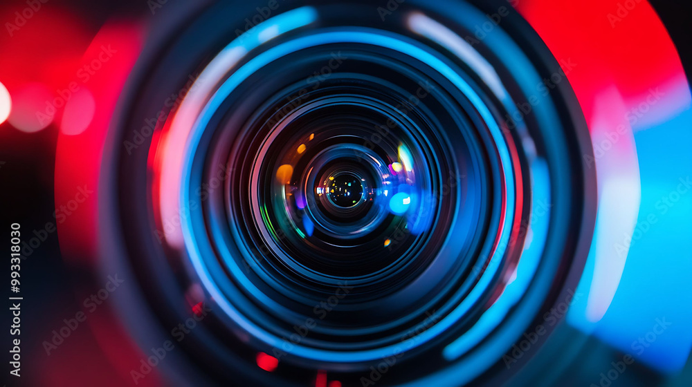 Aufkleber close-up view of a camera lens with colorful bokeh lights.