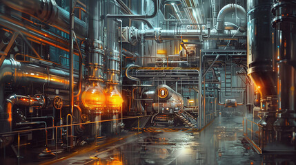 Industrial Factory with Glowing Tanks and Complex Pipe System  
