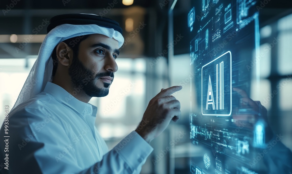 Poster man in white robe interacts with ai on screen.