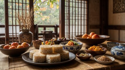 A serene Chuseok feast in a Korean hanok, featuring rice cakes, fruits, and chestnuts. Baskets of rice stalks and persimmons add to the harvest scene, bathed in soft, warm natural light