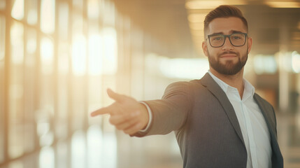 Fototapeta premium A businessman extending his hand with a confident expression, symbolizing a request for a money loan in a modern office setting, showcasing professionalism and determination. Photo