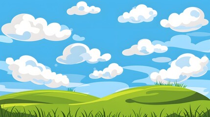 Obraz premium Cheerful Cartoon Landscape Featuring Bright Blue Sky, Fluffy White Clouds, and Soft Rolling Hills of Green Grass