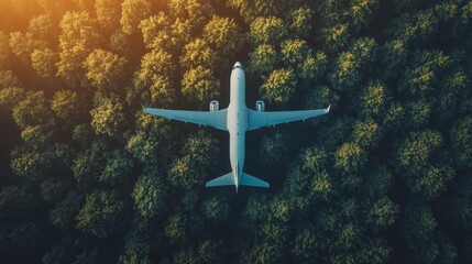 Airplane Flying Over Lush Green Forest at Sunrise Generative AI