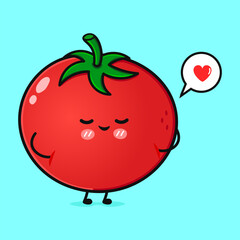 Tomato in love character. Vector hand drawn cartoon kawaii character illustration icon. Isolated on blue background. Tomato character concept