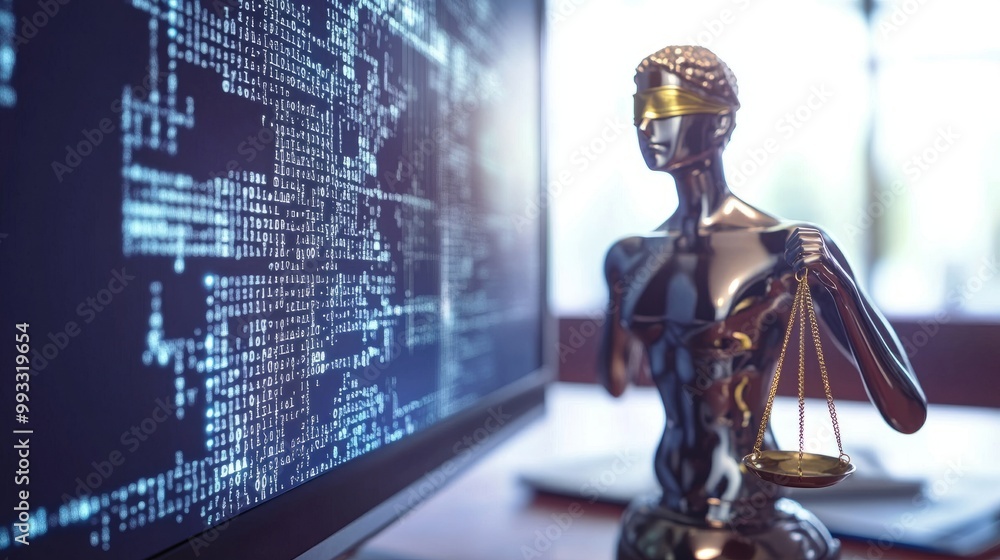 Poster computer monitor showing artificial intelligence code with a legal report on ai ethics and standards