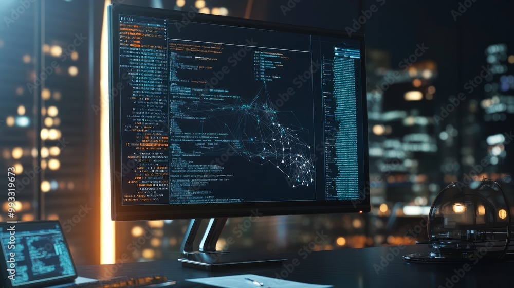 Poster computer monitor showing artificial intelligence code with a legal report on ai ethics and standards