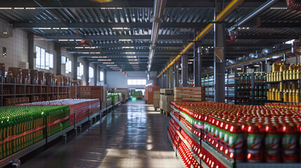Spacious Warehouse Interior with Organized Rows of Bottled Products  
