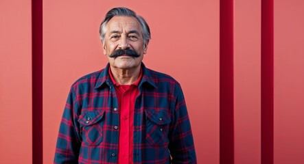 Confident elderly Hispanic man with mustache wearing flannel on plain red background