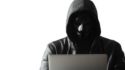Hacker with laptop png mockup in 3d without background for decoration.