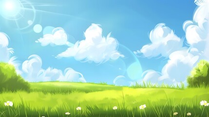 Obraz premium Cartoon Landscape Depicting a Bright Sunny Day with Puffy Clouds and a Wide Field of Grass Featuring Playful Textures