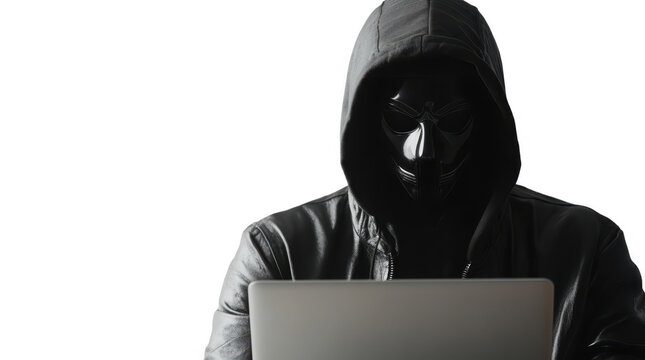 Hacker with laptop png mockup in 3d without background for decoration.