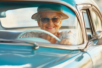 Naklejka premium Elderly woman driving a retro car