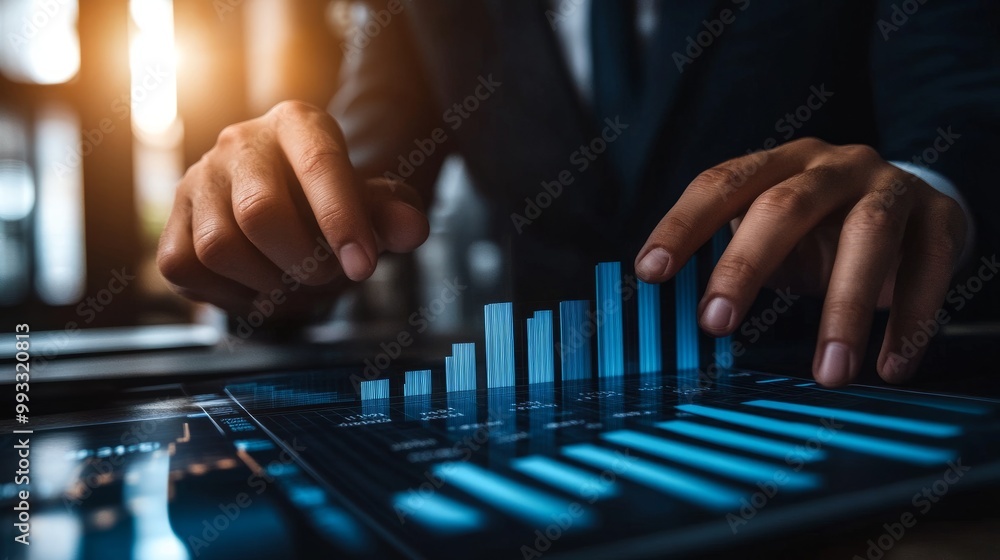 Poster hands of a businessman pointing at a column chart displaying yearly growth data, planning for long-t