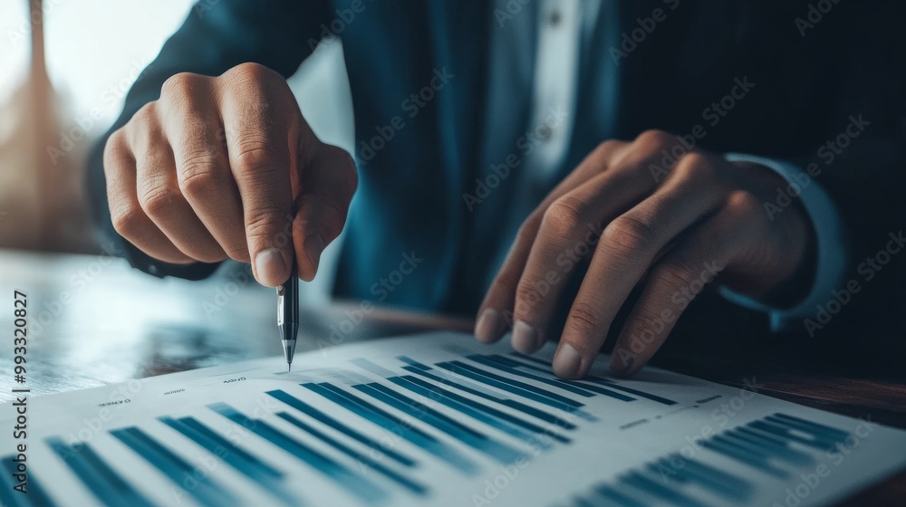 Poster hands of a businessman pointing at a column chart displaying yearly growth data, planning for long-t