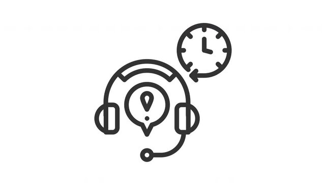 Animated online help with concept of urgent support call center service represented by headset, speech bubble with exclamation mark, clock. Suitable for helplines, customer service