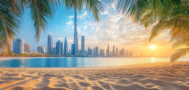 Dubai skyline during sunset, with palm trees framing the sandy beach.