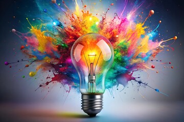 A light bulb explodes with colorful paint splatters, creating a vibrant and dynamic image.