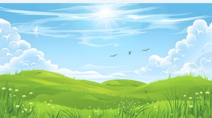 Cartoon Landscape Featuring a Sunny Sky, Puffy Clouds Floating Above, and a Lush Green Grassy Field with Gentle Hills