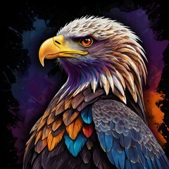 Fototapeta premium This stunning illustration features an eagle perched gracefully on a branch, its brilliant plumage radiating with a vibrant mix of colors. Its sharp, fiery orange eyes stand out against a dark