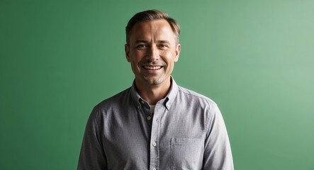Happy middleaged Caucasian man with short hair wearing buttonup shirt on plain green background
