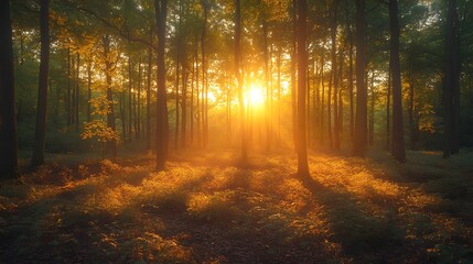 Obraz premium Golden sunlight filtering through the trees