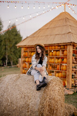 girl on a pumpkin farm, Halloween pumpkin patch