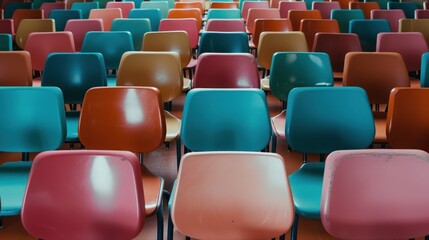 Obraz premium Rows of colorful chairs are arranged in a classroom with green walls