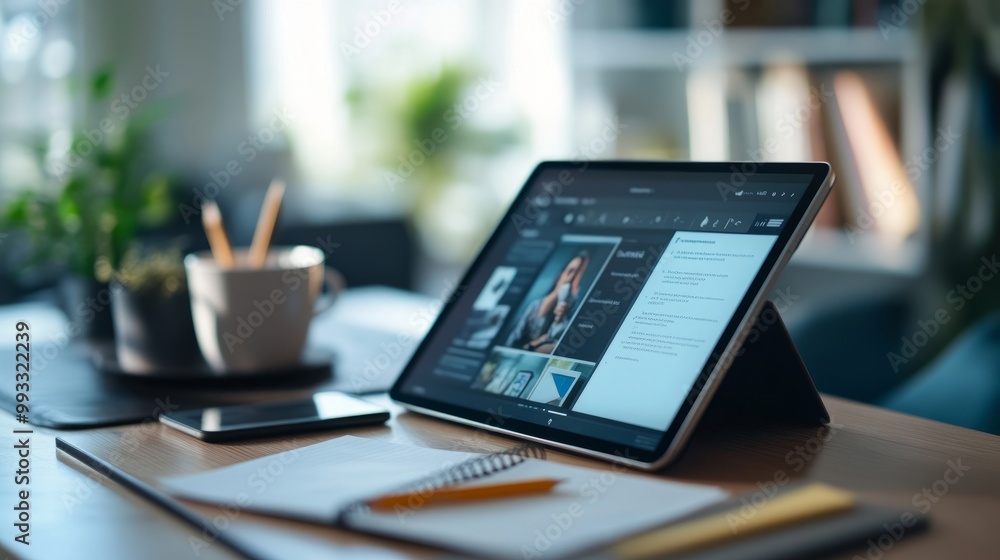 Poster Modern e-learning setup with a tablet showing a video lecture, with a cup of coffee and notes on the side.