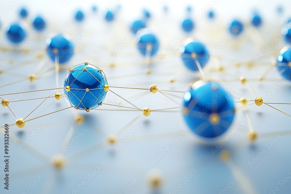 Poster an abstract rendering with spheres, futuristic shapes, and a network concept. can be used for poster