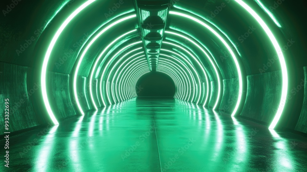 Poster 3d render featuring green neon lights in a circular tunnel creating an abstract geometric backdrop