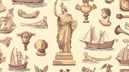 Ancient Greece seamless pattern with statues, boats, and symbols of historical myths and legends. 