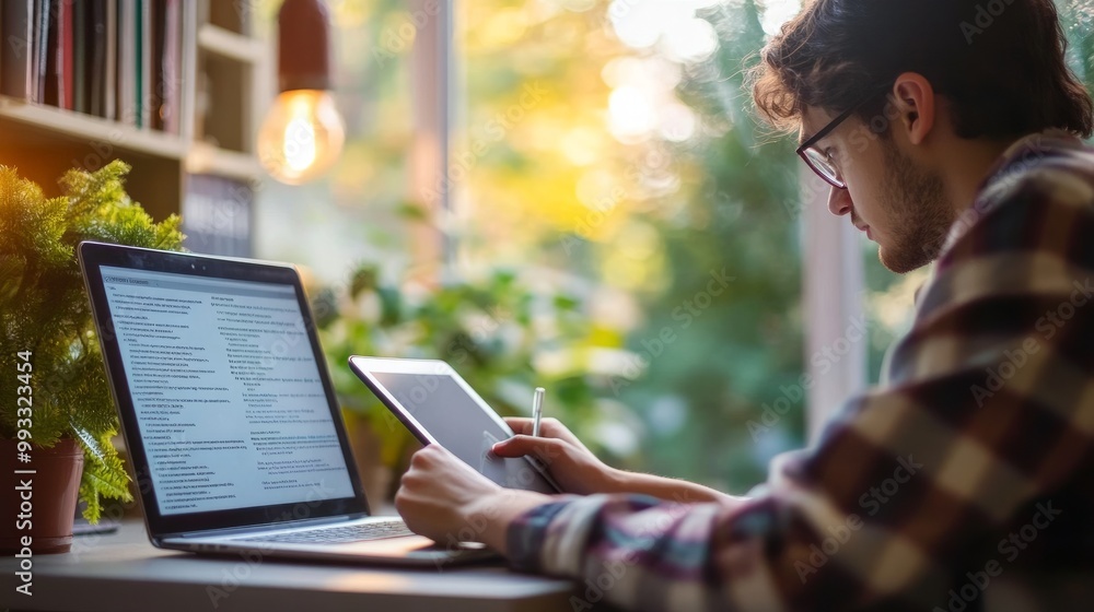 Poster virtual class on a laptop screen, student with a tablet taking notes during an online course.