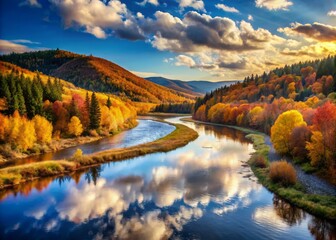 Naklejka premium River's S-Curve mirrors rustic autumnal tones of surrounding hillsides under clear blue skies with wispy clouds at dawn.