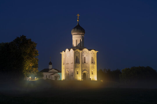 View of the medieval Church of the Intercession on the Nerl on a September night. Bogolyubovo. Vladimir region, Russia