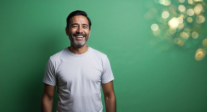 Smiling middleaged Hispanic man with beard wearing tshirt on plain green background