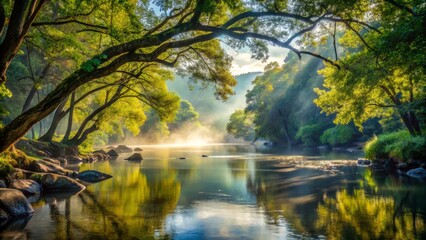 Winding river snakes through dense foliage, calm waters mirroring overhanging branches and rocks, as morning sunlight filters through misty atmosphere.