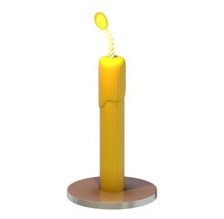 Burning yellow candle 3d isolated on png transparent background.