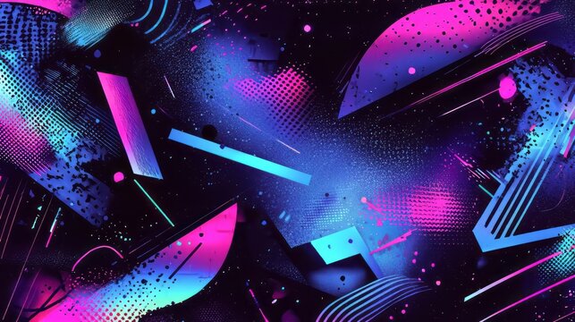 Vibrant, neon abstract artwork with glowing pink, blue, and purple geometric shapes and patterns on a dark background. The dynamic, futuristic design evokes a cyberpunk and digital aesthetic. AI gener