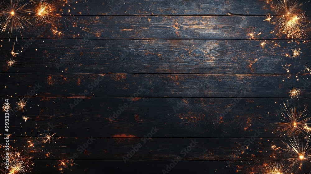 Poster panoramic banner featuring fireworks on a dark rustic wooden texture background providing ample spac
