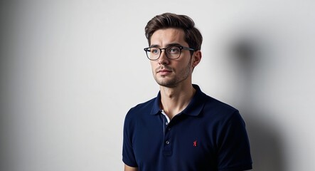 Obraz premium Thoughtful young Caucasian man with glasses wearing polo shirt on plain white background