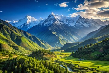 Obraz premium Cloudless skies illuminate majestic mountains towering above lush green valleys.