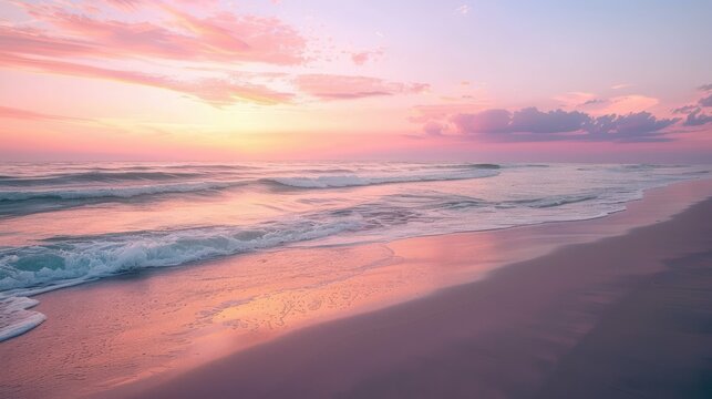 The soft morning light paints a tranquil beach scene with gentle waves and a sky of pink, orange, and purple.