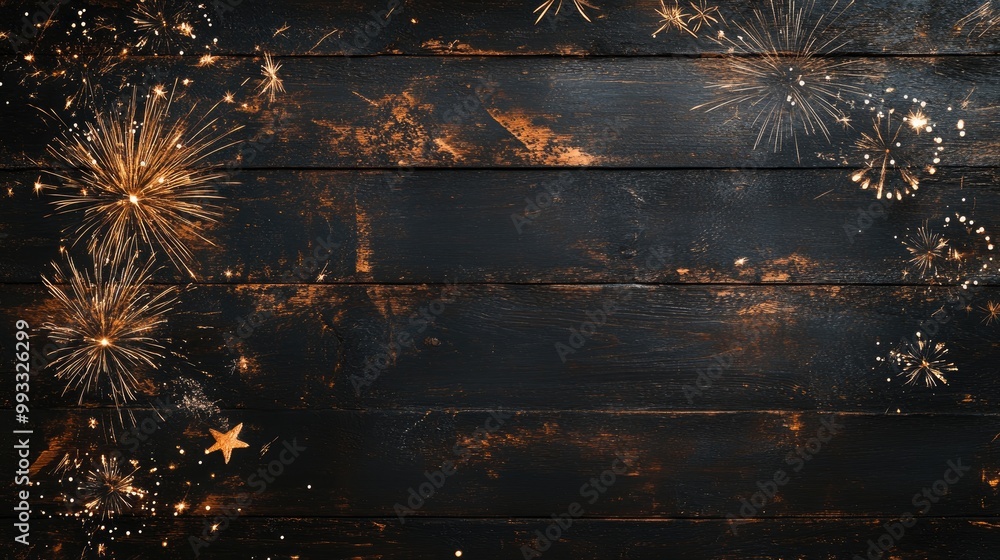 Poster panoramic banner featuring fireworks on a dark rustic wooden texture background providing ample spac