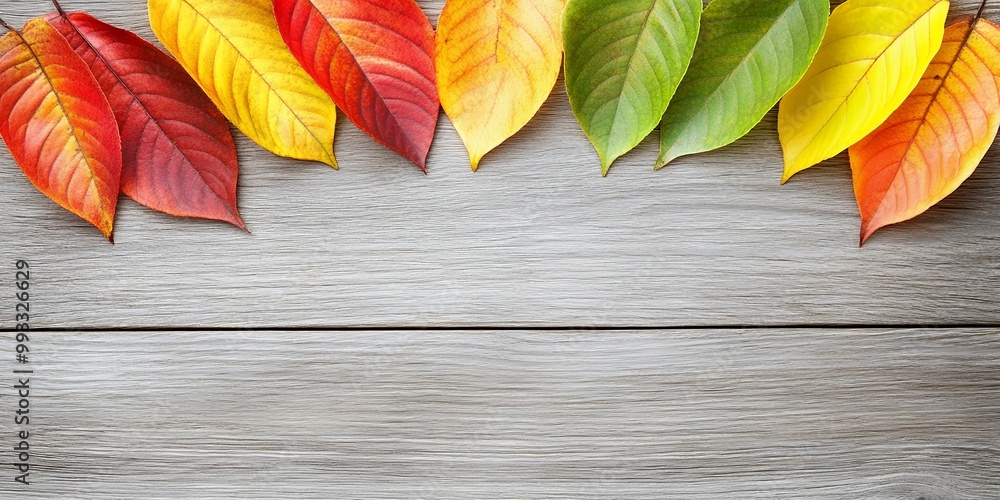 Sticker Autumn leaves in vibrant colors on a wood table