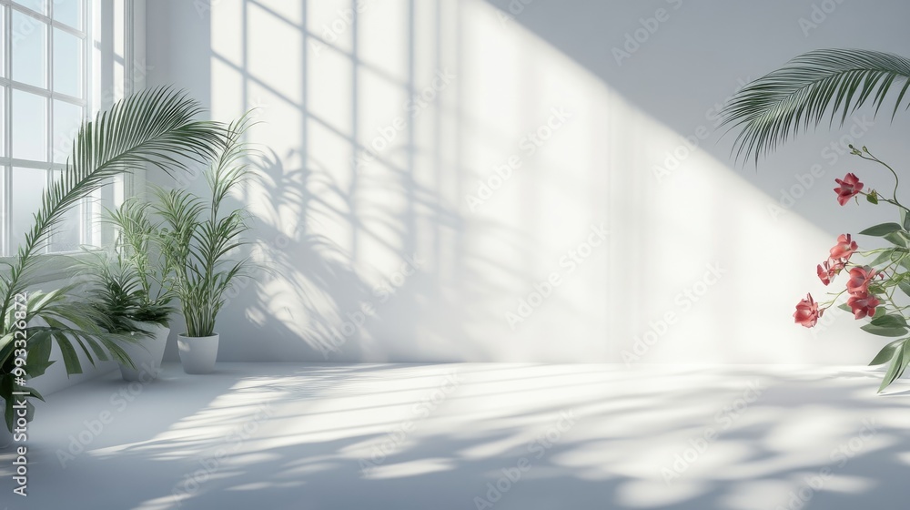 Poster minimalist white studio backdrop for showcasing products spacious area featuring shadows from window