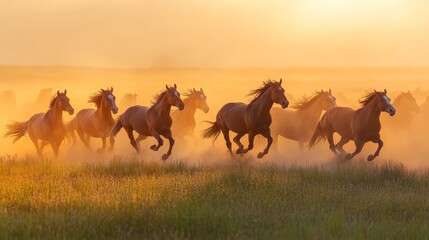 Fototapeta premium herds of horses gallop across the field