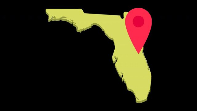 Looped animation of a red location marker bouncing on the 3D yellow map of US State of Florida on green screen with alpha channel (flat design)