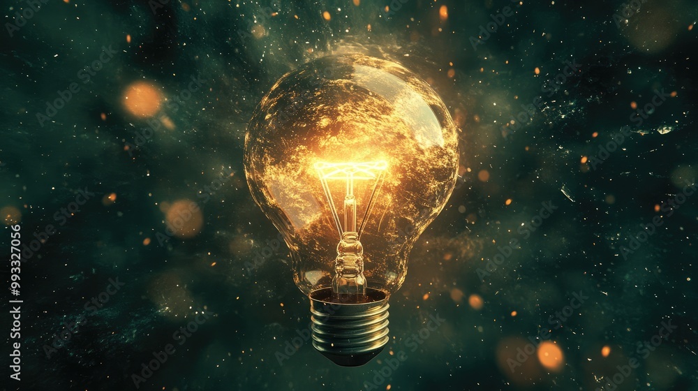 Poster illuminated lightbulb shedding light on surrounding objects in dim space representing ideas and expl
