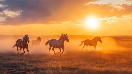 Fototapeta premium herds of horses gallop across the field